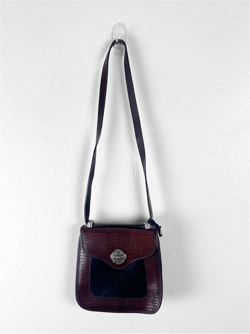 BRIGHTON Black Brown Embossed Leather Snap Closure Shoulder Bag
